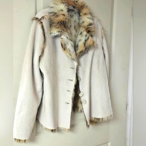 comfortable KENAR Button Front Faux Fur Lining Beige Blazer Jacket Women's Size